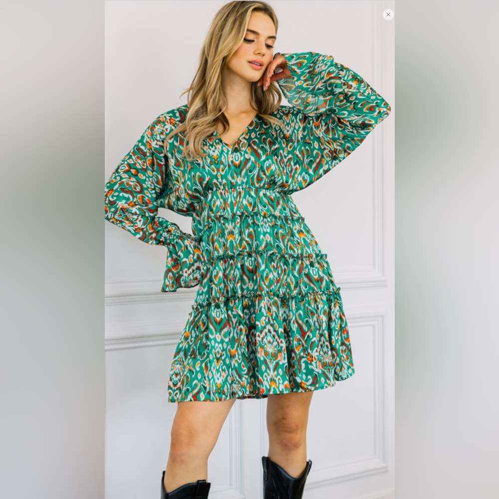 Oddi Plus Satin Print Tiered Ruffle Mini Dress